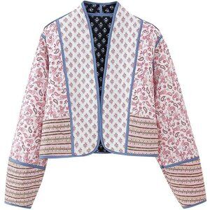 Women’s Pink Cropped Puffer Jacket Floral Quilted Lightweight Padded Coat